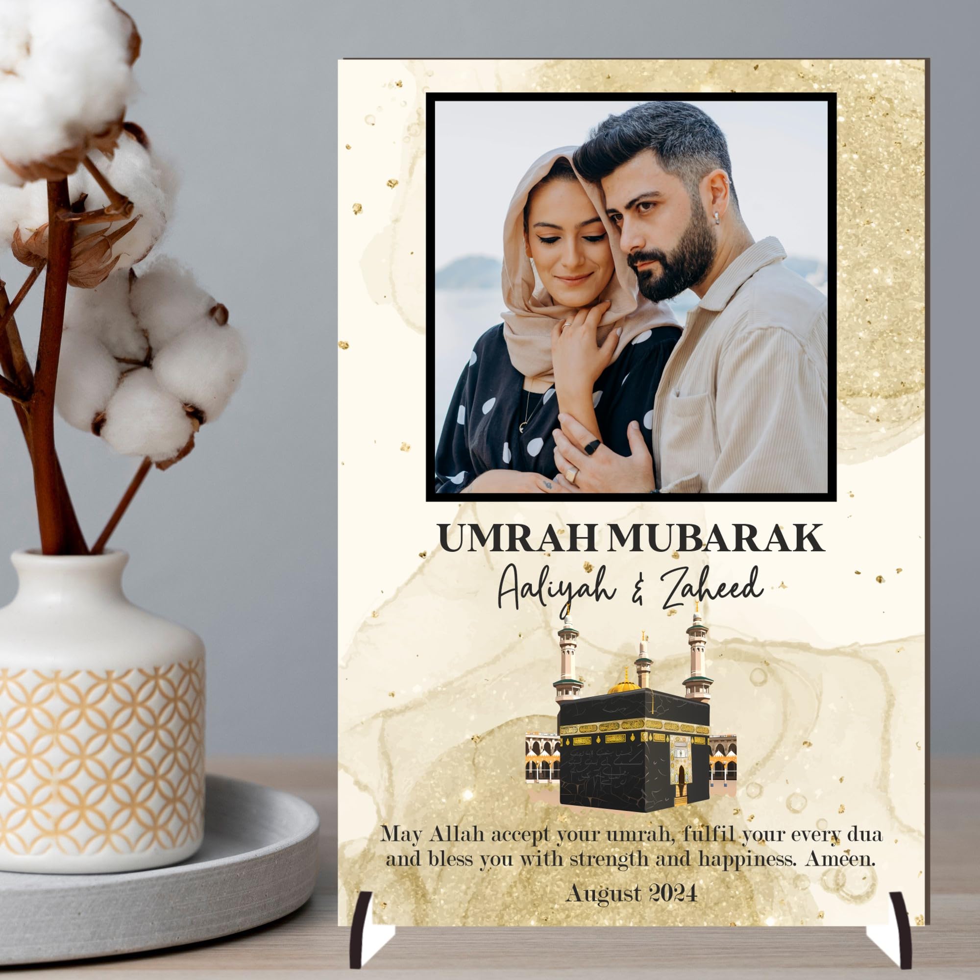Personalised May Allah Accept Your Umrah Design with Kaaba & Floral Decor Pilgrimage Keepsake Gift for Religious Keepsakes Umrah Mubarak Plaque for Families (Gold, MDF Wood - A5)