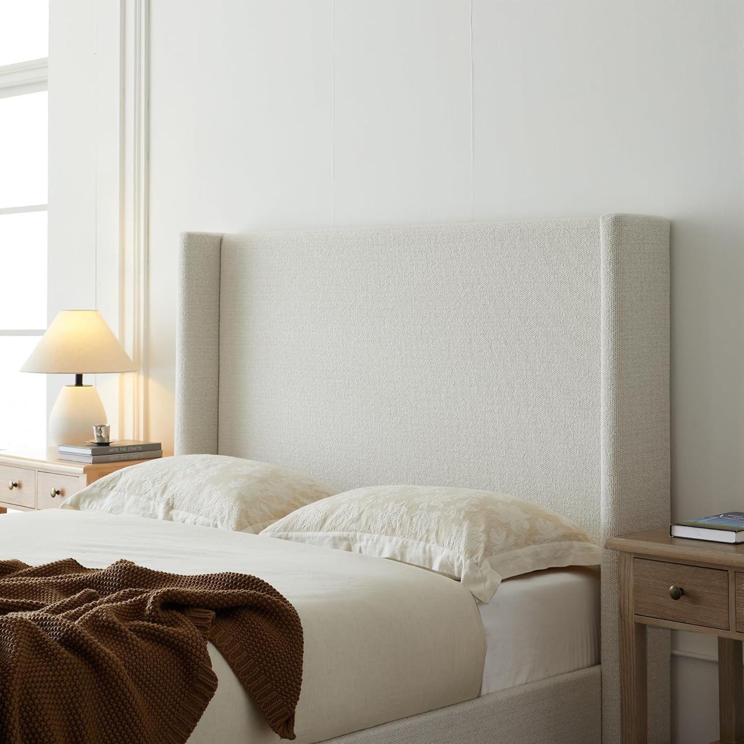 Queen Size Upholstered Bed Frame, 53" Tall Headboard Hosford Wingback Bedframes, Wood Base Floor Platform Beds, No Box Spring Needed/No Noise/Rusticity Minimalist, Cream White