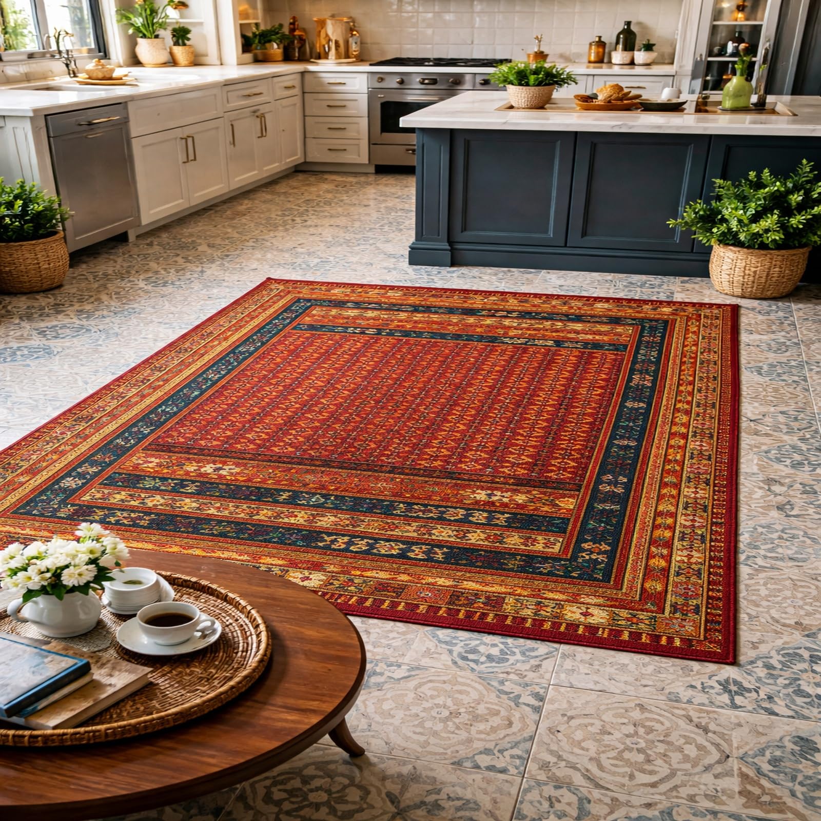 Tapis antidérapant salon qui ne glisse pas : grand tapis géométrique rouge 180x230cm
