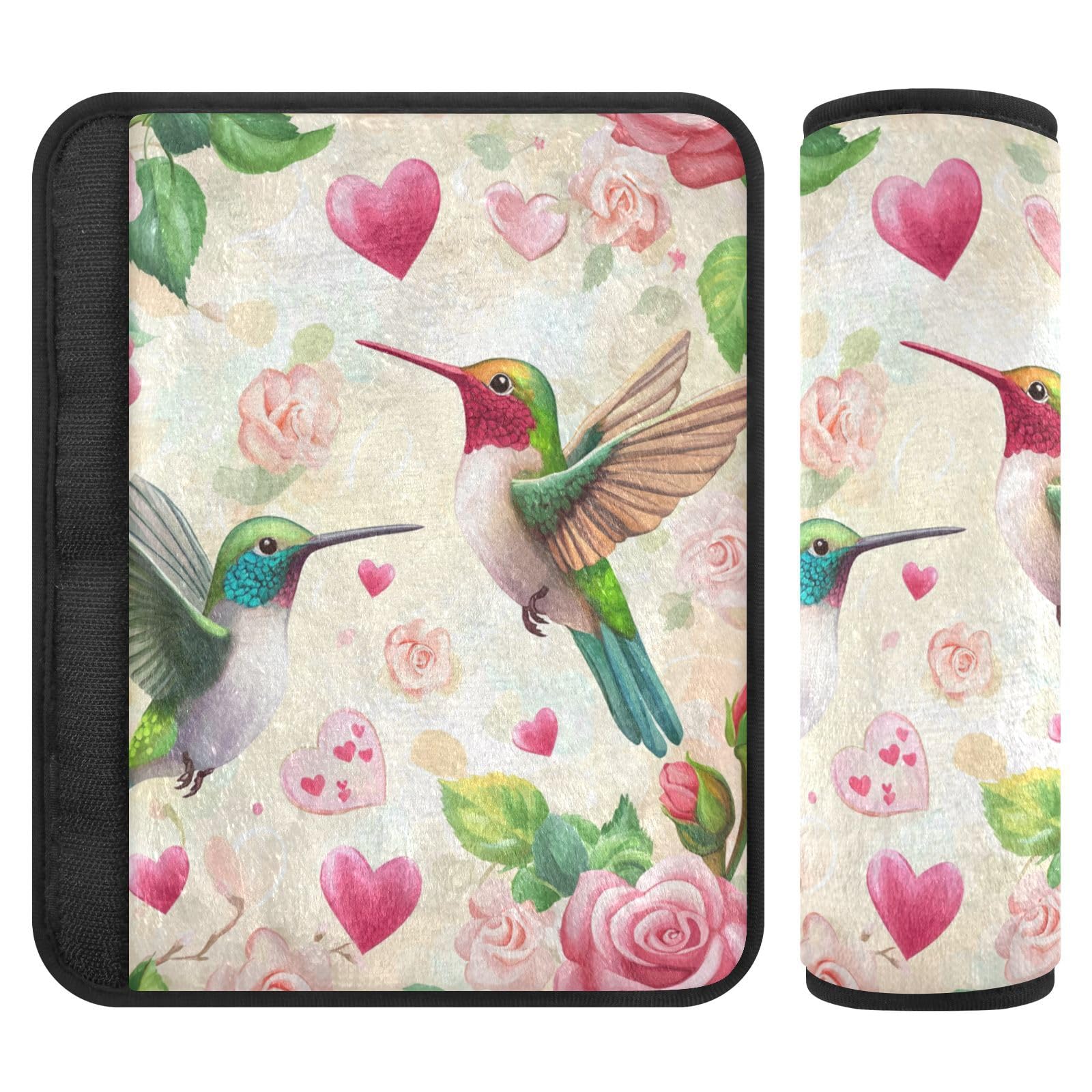 Hummingbirds Roses and Hearts 02 Seat Belt Cover Pad 2 Pcs Soft Cute Seatbelt Covers Protector Support Head Neck Shoulder Strap for Car Seats High Chair Backpack for Adults Kids Women Men 10x7.