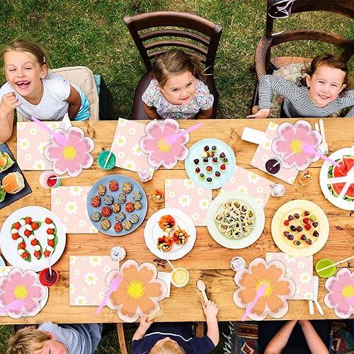 Miniatura 5 de 96 piezas de suministros florales para fiesta de cumpleaños platos en forma de flor juego de vajilla con temática floral decoración de mesa