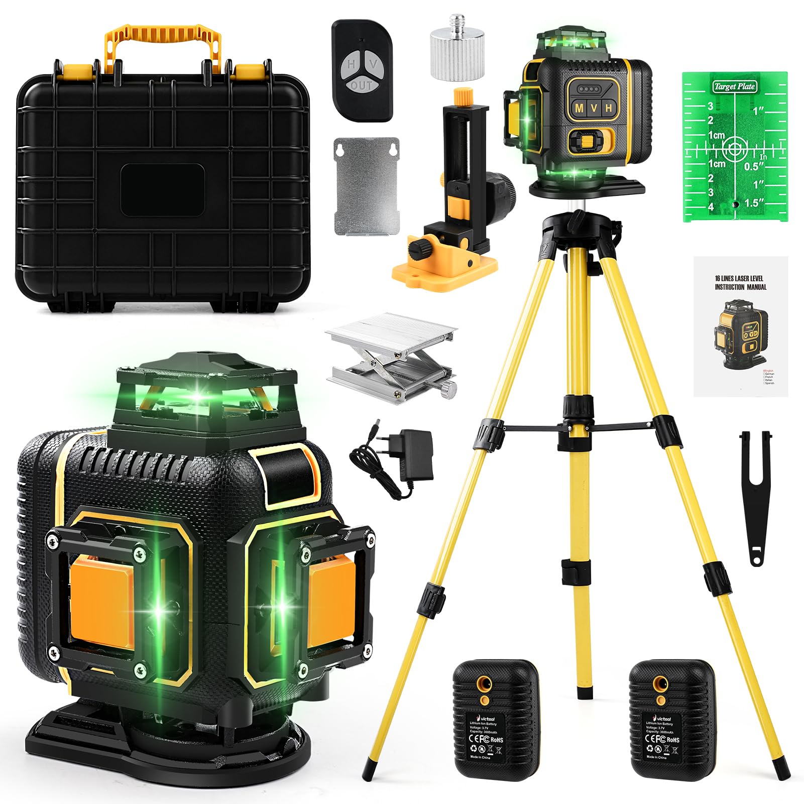 Láser de líneas cruzadas, nivel láser de 16 líneas, autonivelación de 360° con rayo láser verde para alineación horizontal y vertical