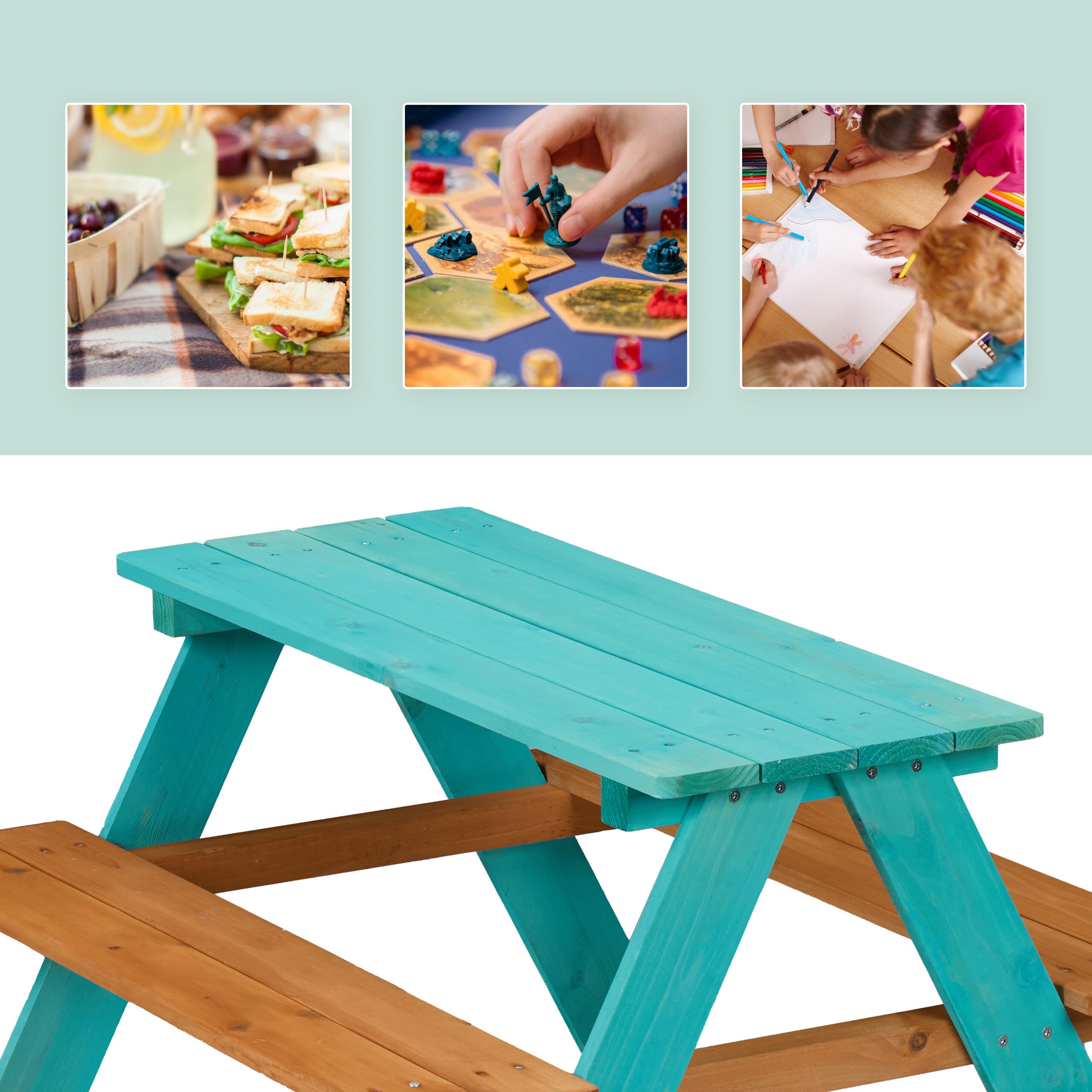 Relaxdays Tavolino da Bambini con Panche da Esterno, Tavolo da Picnic Giardino, 4 Posti, 51x90x78cm, Legno Naturale, Blu