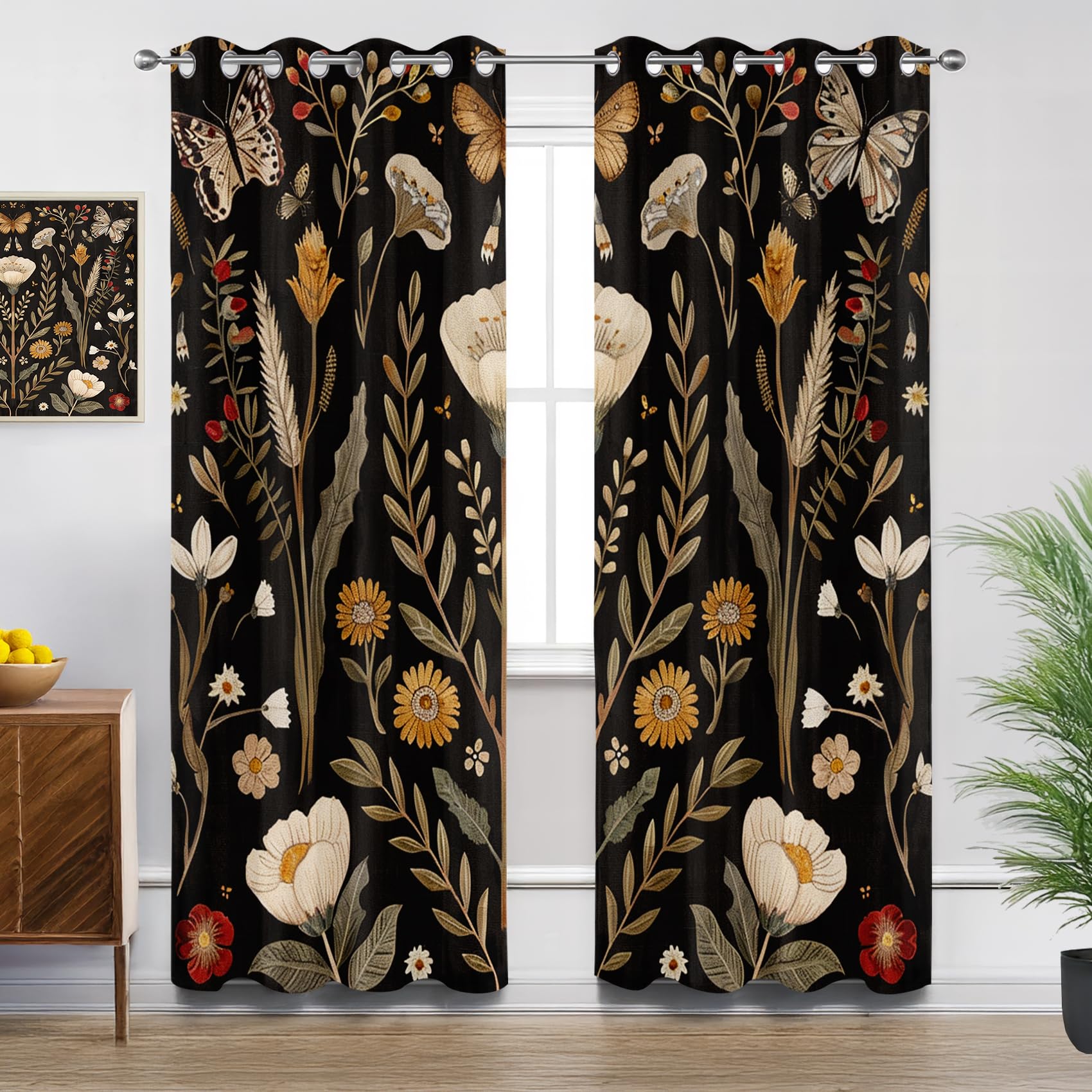 Mistela Vorhänge Mit Ösen Blickdichte Boho Botanische - Verdunklungsvorhänge Blätter Blumen Schmetterlinge Vorhänge Schlafzimmer Kinderzimmer Fenstervorhang - 2er Set - H200 x B140cm