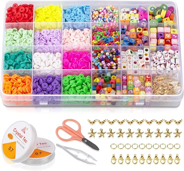 HQCM Clay Beads Kit, 4000 Pcs Clay Beads for Jewellery Making, 24 Colors of Polymer Flat Clay Beads, Bracelet Making Kit with Pendants and Alphanumerics for DIY Bracelet Earring Necklace Craft Making