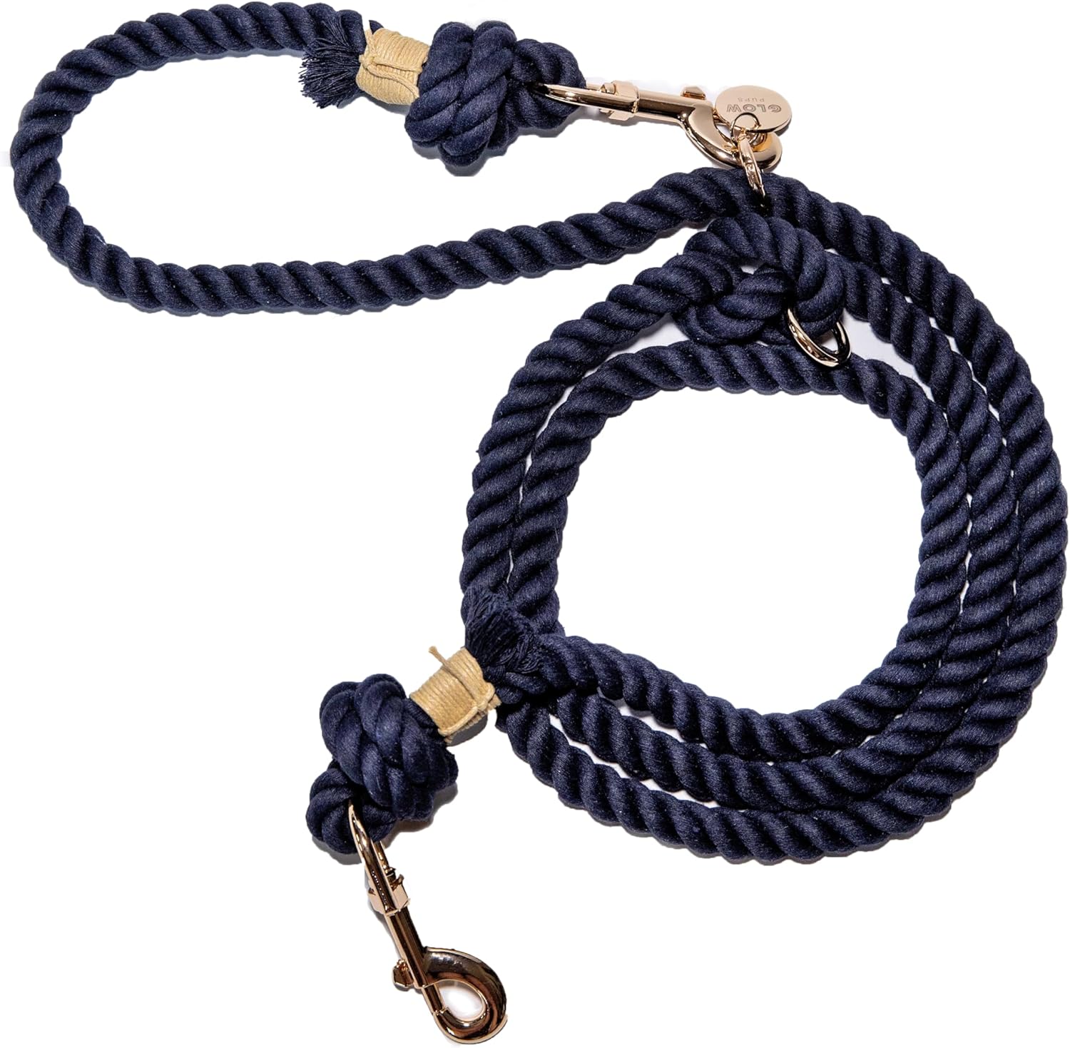 Hands Free Cotton Rope Dog Leash with Gold Hardware, Heavy Duty Training Lead (Navy Blue)