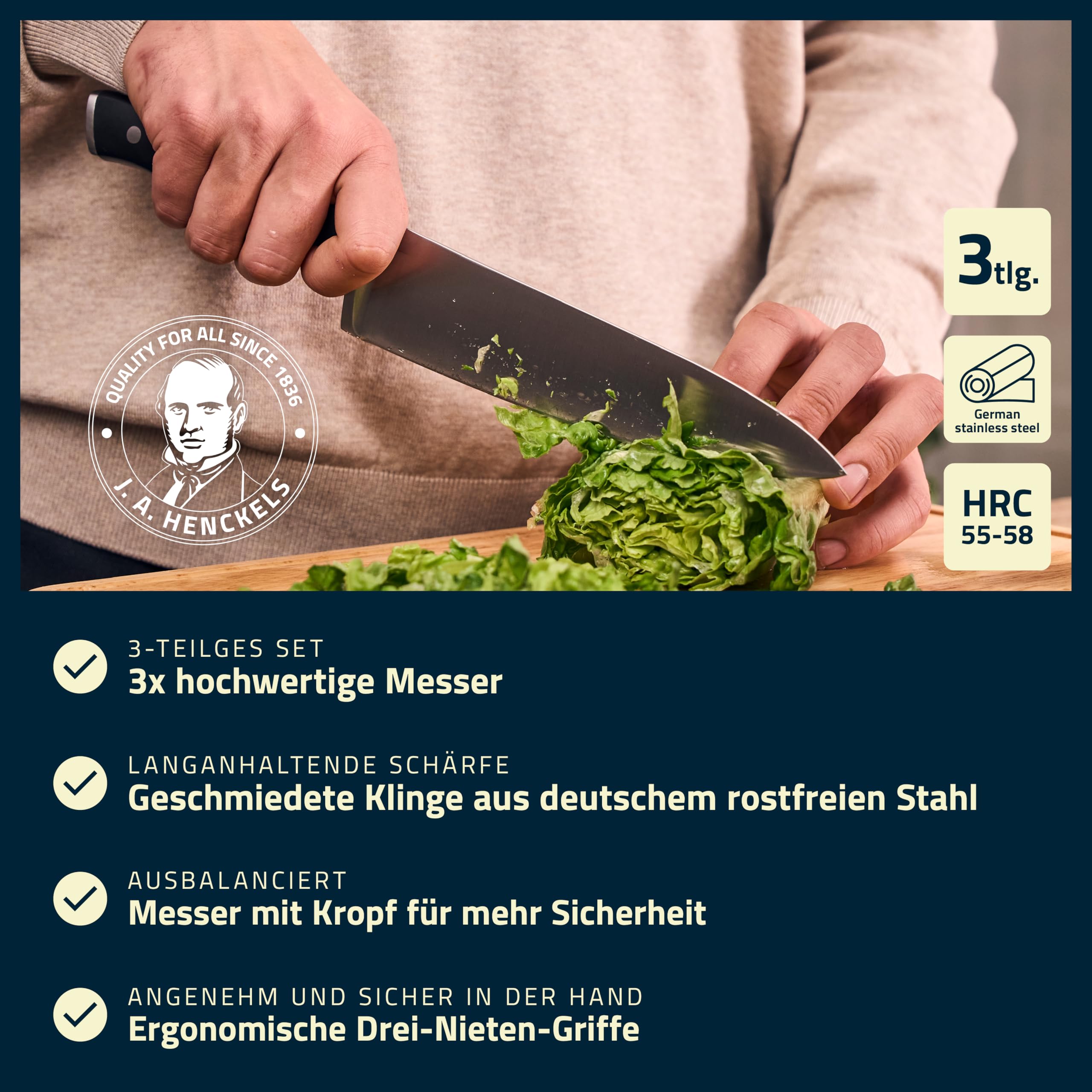 HENCKELS Accent Messerset 3-tlg, Spick-, Fleisch- und Kochmesser | Schwarz mit Nieten