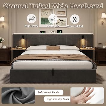 6ft Super King Szie Bed Frame with Hydraulic Storage&Adjustable Bedside Shelf, Functional Upholstered Ottoman Bed with Reading Light&Charging Station, Velvet Gas Lift Up Storage Bed, No Mattress, Grey