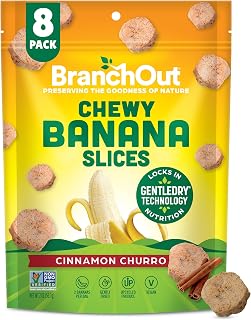 BranchOut Cinnamon Churro Banana Slices, Chewy & Full of Flavor, Cinco de Mayo Party Snack, Better than Freeze Dried Banana Chips, Delicious Vegan Snacks for Kids & Adults, 2 oz Snack Size (Pack of 8)