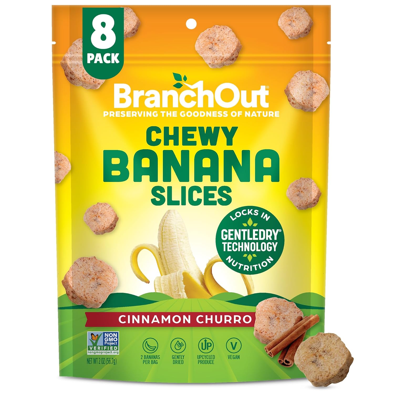 BranchOut Cinnamon Churro Banana Slices, Chewy & Full of Flavor, Cinco de Mayo Party Snack, Better than Freeze Dried Banana Chips, Delicious Vegan Snacks for Kids & Adults, 2 oz Snack Size (Pack of 8)