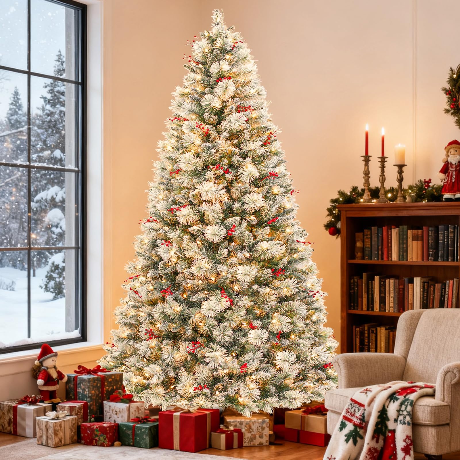 Hykolity 6 ft Prelit Snow Flocked Christmas Tree with 250 Warm White LED Lights, Artificial Christmas Tree with 1032 Branch Tips, Metal Stand and Hinged Branches