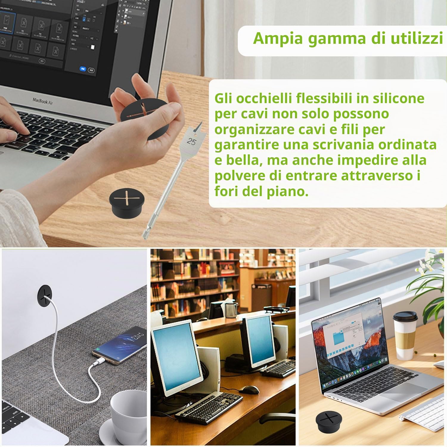 Passacavo in Silicone, 25 mm Passacavo in Silicone, Rotondi Passacavi Scrivania per Scrivania, Computer Desktop, Mobili, Nero con 1 Trapano 25mm(10 Pezzi)