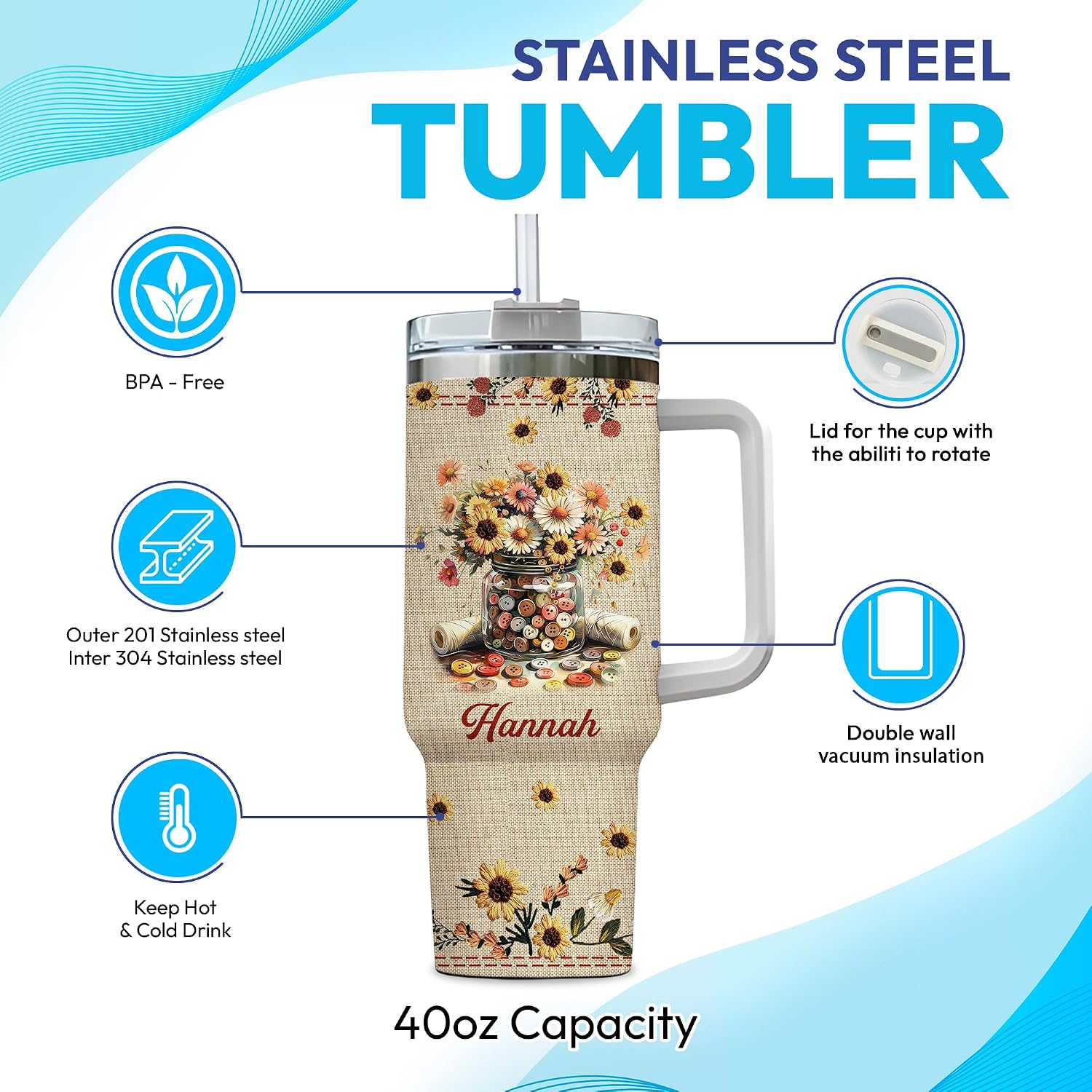 Hyturtle Personalized Sewing Tumbler - Sewing Gifts For Sewing Lover - Sewing Quilting Gift For Women Mom Grandma - Gift For Sewers Inspiration - Custom Name Travel Coffee Cup 40oz With Lid And Straw