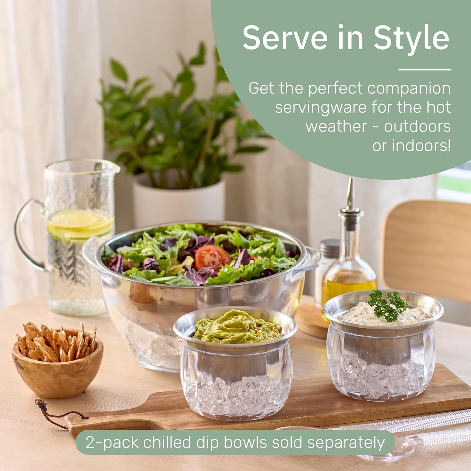 Useful Co. 5QT Salad Bowl Set on Ice - Large Salad Bowl with Lid & 2 Servers - Chilled Tray for Cold Food, Party Buffet - Serving Bowl with Ice Tray Base for Gatherings