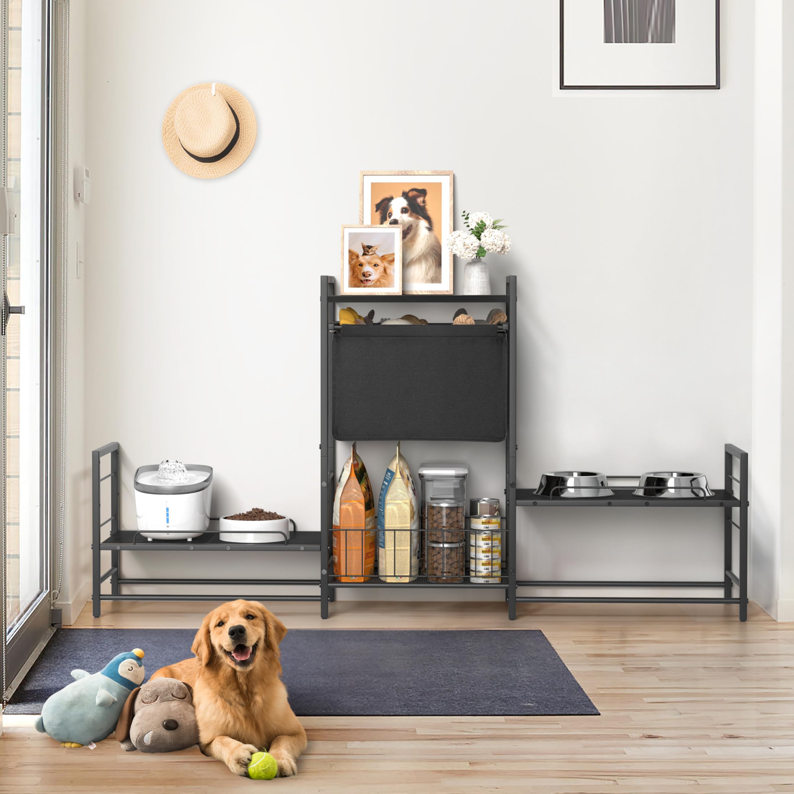 Support de gamelle surélevée pour chien avec 2 stations d'alimentation, armoire d'alimentation surélevée réglable avec panier à jouets, support de bol de nourriture et d'eau soulevé, organisateur de
