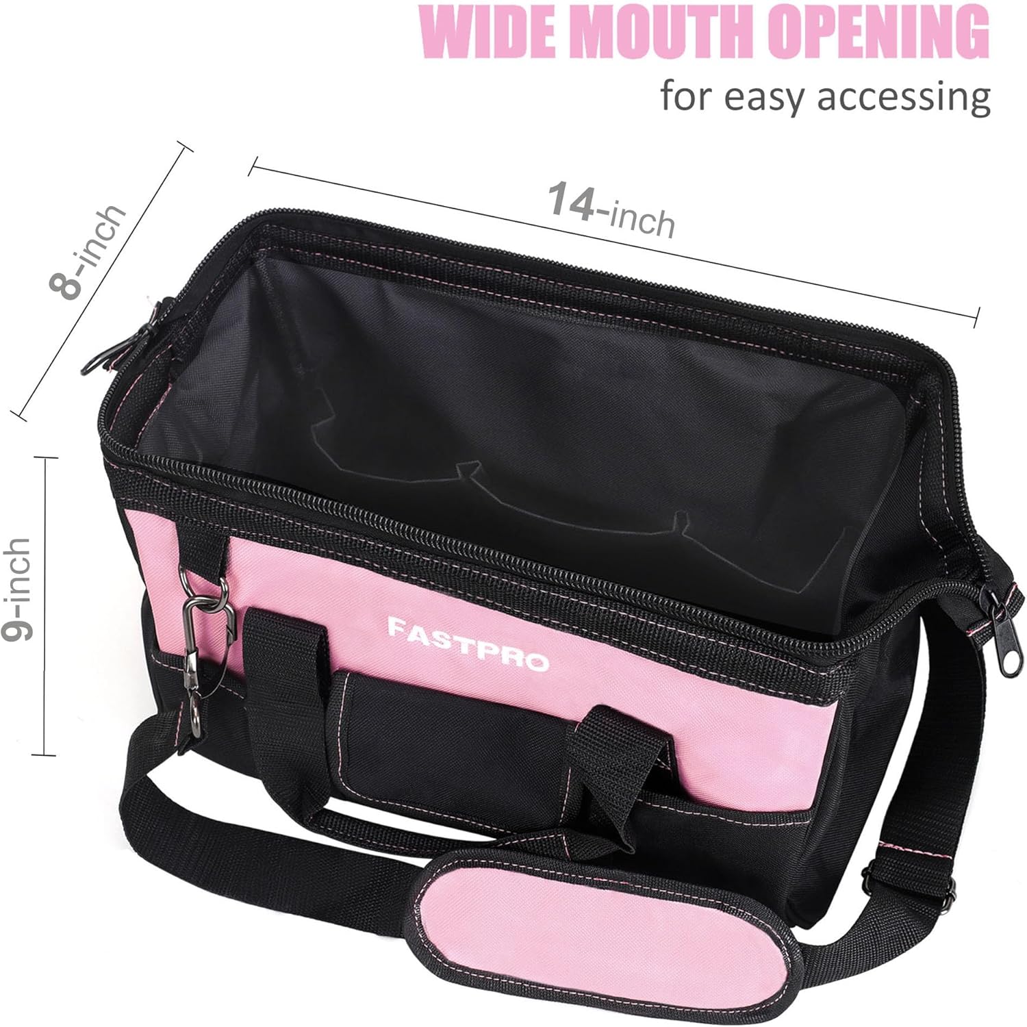 FASTPRO 14-Inch Pink Tool Bag for Women, Zip-top Wide Mouth Open Tool Organizer, with Adjustable Shoulder Strap - Image 5
