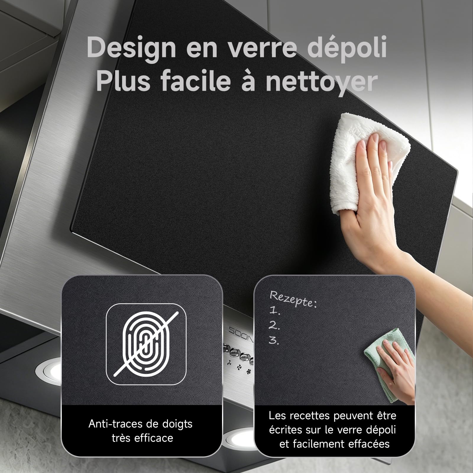 Hotte Aspirante Inclinée 60cm Classe A+++, Hotte Cuisine 370m³/h, Noir Verre Dépoli,Filtres à Charbon Inclus,Hotte Murale Evacuation ou Recyclage