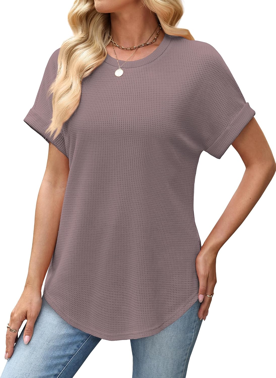 Sampeel Summer Tops for Women 2026 Trendy Rolled Short Sleeve Shirts Waffle Knit Crew Neck Tops Curved Hem Fashion Clothing
