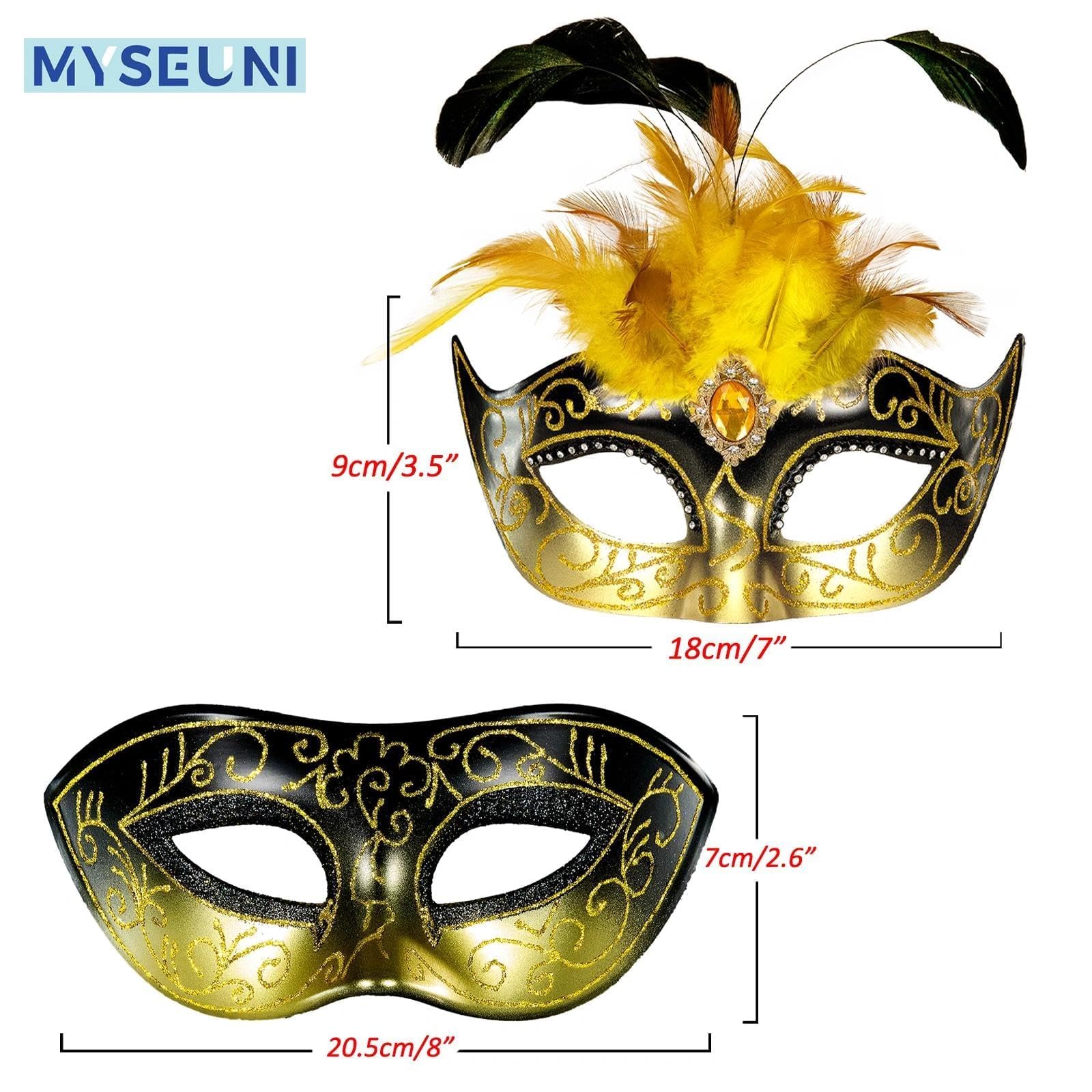 MYSEUNI 2025 Couples Venetian Masquerade Mask Set Feathers - Image 2