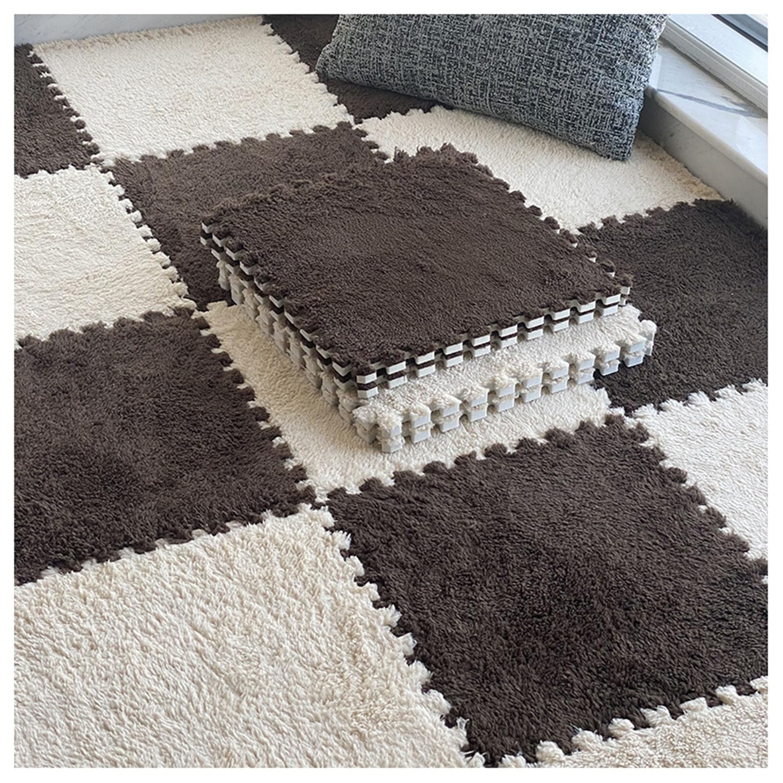 Dalles de sol en mousse moquette emboîtables 30x30 cm marron lot de 8 tapis double épaisseur