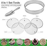 Vista 2 de Juego de tamiz de acero inoxidable para macetas de jardín, 12 pulgadas de diámetro, con 5 tamaños de malla de filtro 3,6,9,10,12 in y pala