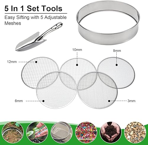 Miniatura 3 de Juego de tamiz de tierra de acero inoxidable para macetas de jardín, con 5 tamaños de malla de filtro intercambiables de 3, 6, 9, 10, 0.472in y pala