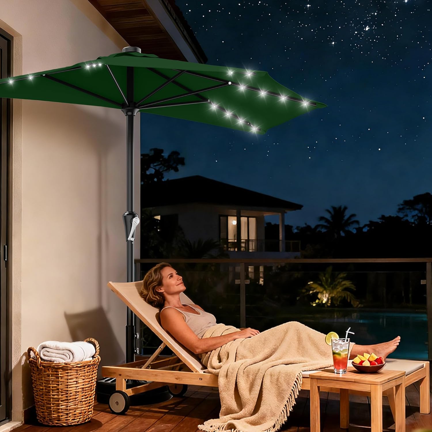 AreShark 9ft Patio Half Umbrellas with Solar Lights, 1/2 LED Half Outdoor Umbrella w/ 20 LED Lights, Lighted Table Wall Umbrella with Crank & 5 Sturdy Ribs for Market, Pool, Deck, Lawn and Garden, Dark Green Dark Green 9FT(w /Lights)