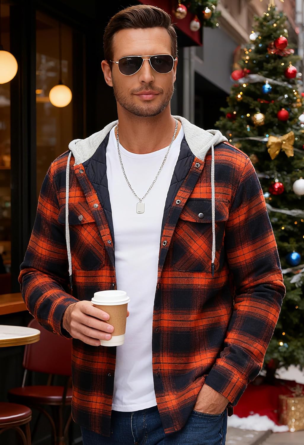 TACVASEN Men's Flannel Jacket with Hood Quilted Lined Plaid Shirts Jacket Cotton Long Sleeve Button Down Shirt Shacket - Image 2