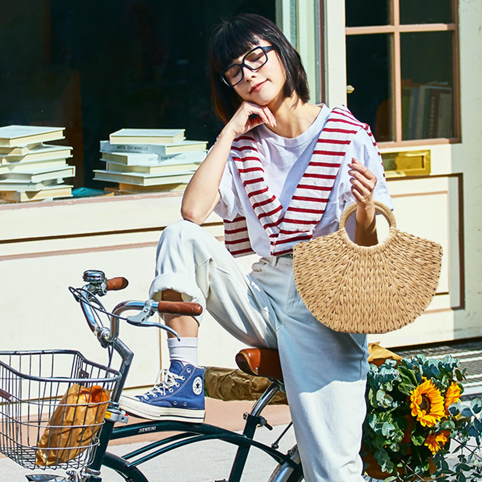 NICOLE & DORIS Bolsa de Playa de Verano Bolso de Paja Mujer Bolsos de Mano Multicolor Bolsa Tejida de Ratán para Viajes en la Playa y Uso Diario Blanco y Negro