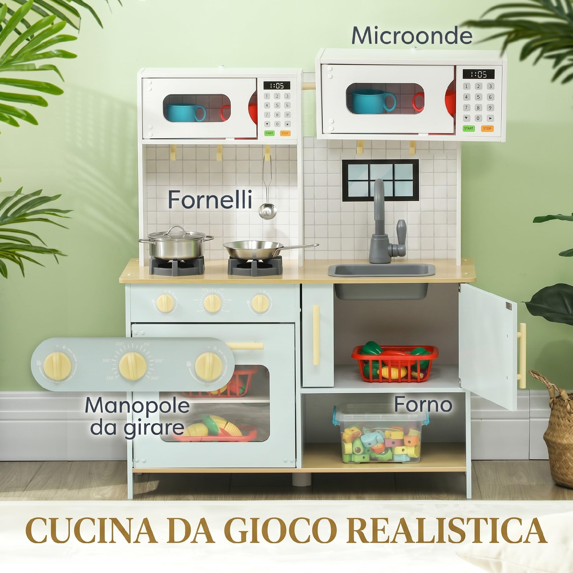 AIYAPLAY Cucina Giocattolo per Bambini 3+ Anni 72x33x85.2 cm Bianco Blu | Armadietti e Fornelli, in Acciaio Inox, Legno e PP