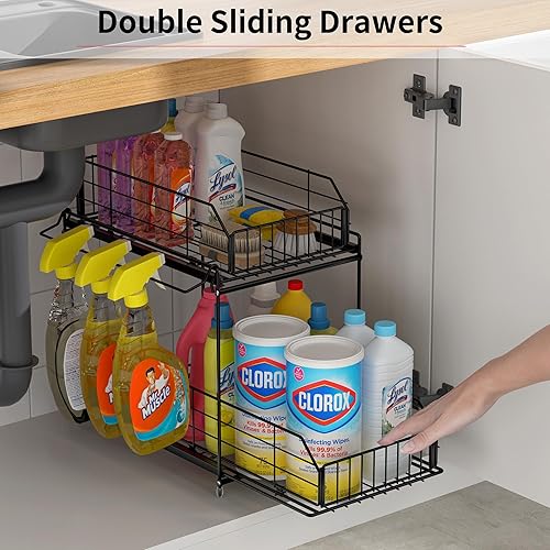 Miniatura 4 de SUEH DESIGN Organizadores y almacenamiento debajo del fregadero, 2 niveles de almacenamiento de metal debajo del fregadero con riel colgante para