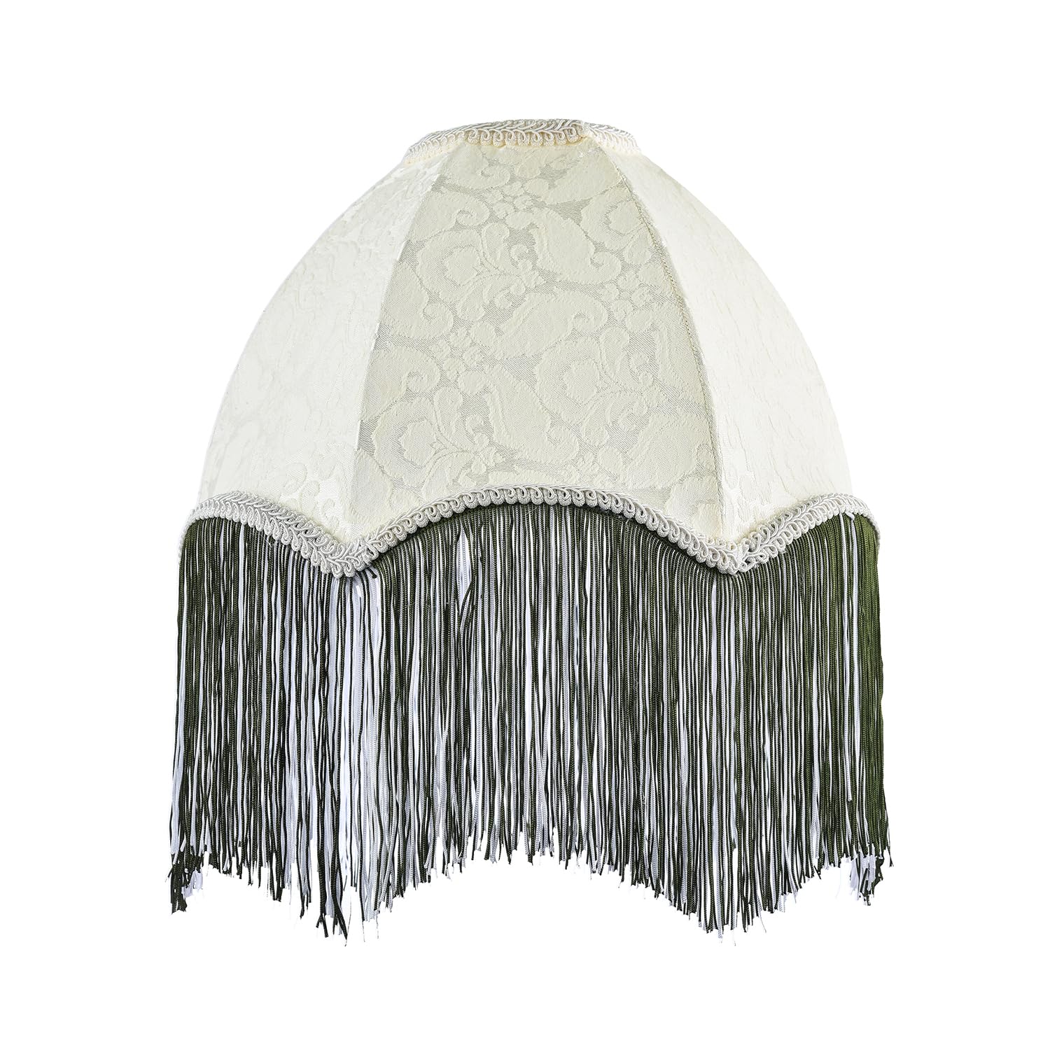 Textured Cream Floral Victorian Velvet Lamp Shade with Long Forest Green and White Tassels | 30cm x 20cm | Embroidered Vintage Design by Happy Homewares