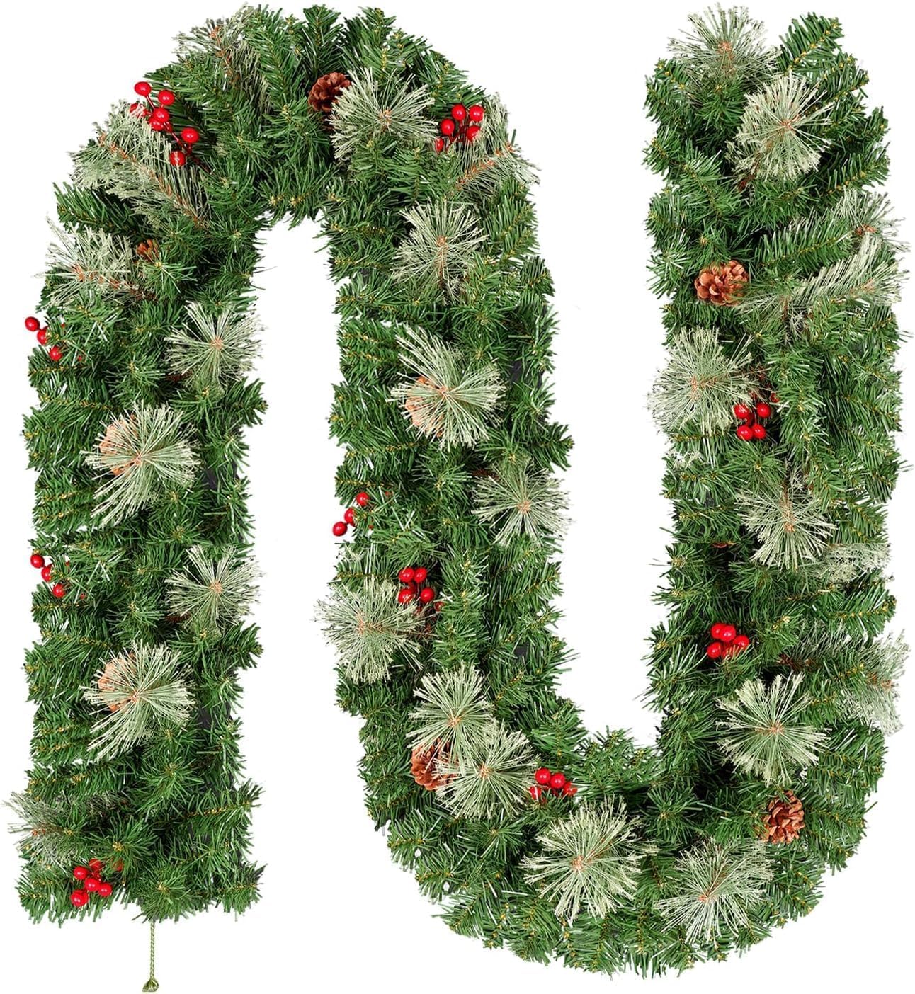 9FT/2.7m Christmas Garland, Uten Fireplace Garland Christmas, Green Christmas Garland with Pine Needles, Pine Cones Red Berries Artificial Wreath Garland for Fireplace Stairs Door Xmas Tree Decor