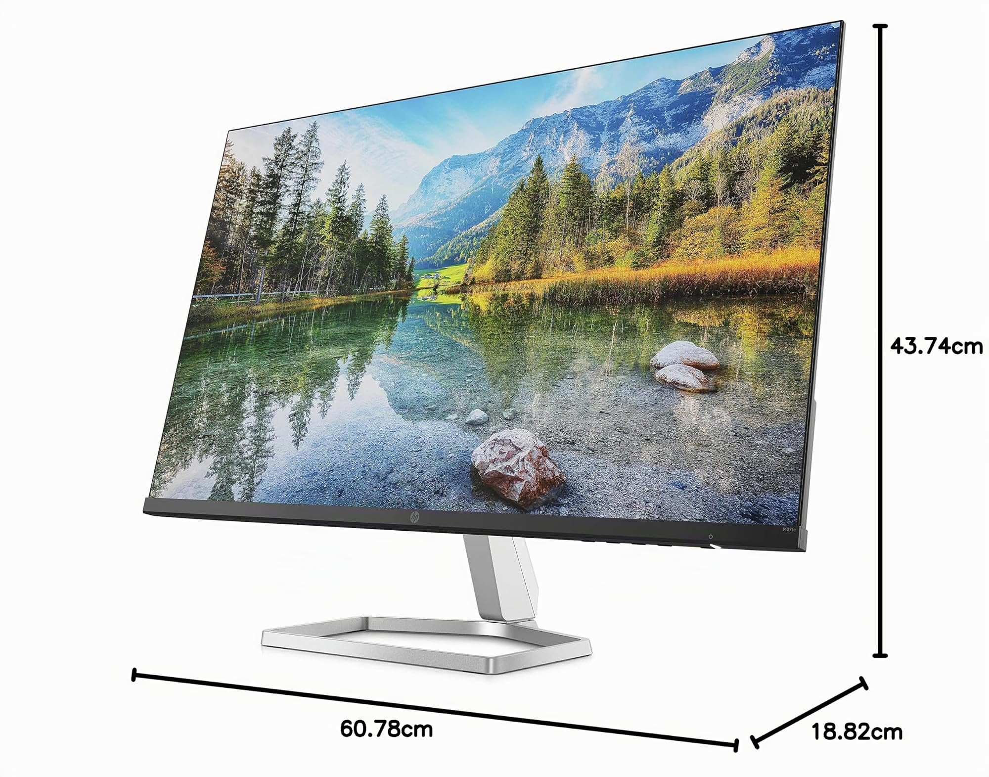 HP M27fe Monitor da 27", FHD, 16:9, Antiriflesso, Pannello IPS da 75Hz, Tempo di Risposta 5 ms, Reclinabile, AMD FreeSync, 300 Nits, Low Blue Light, HDMI 1.4, VGA, No montaggio VESA, Argento