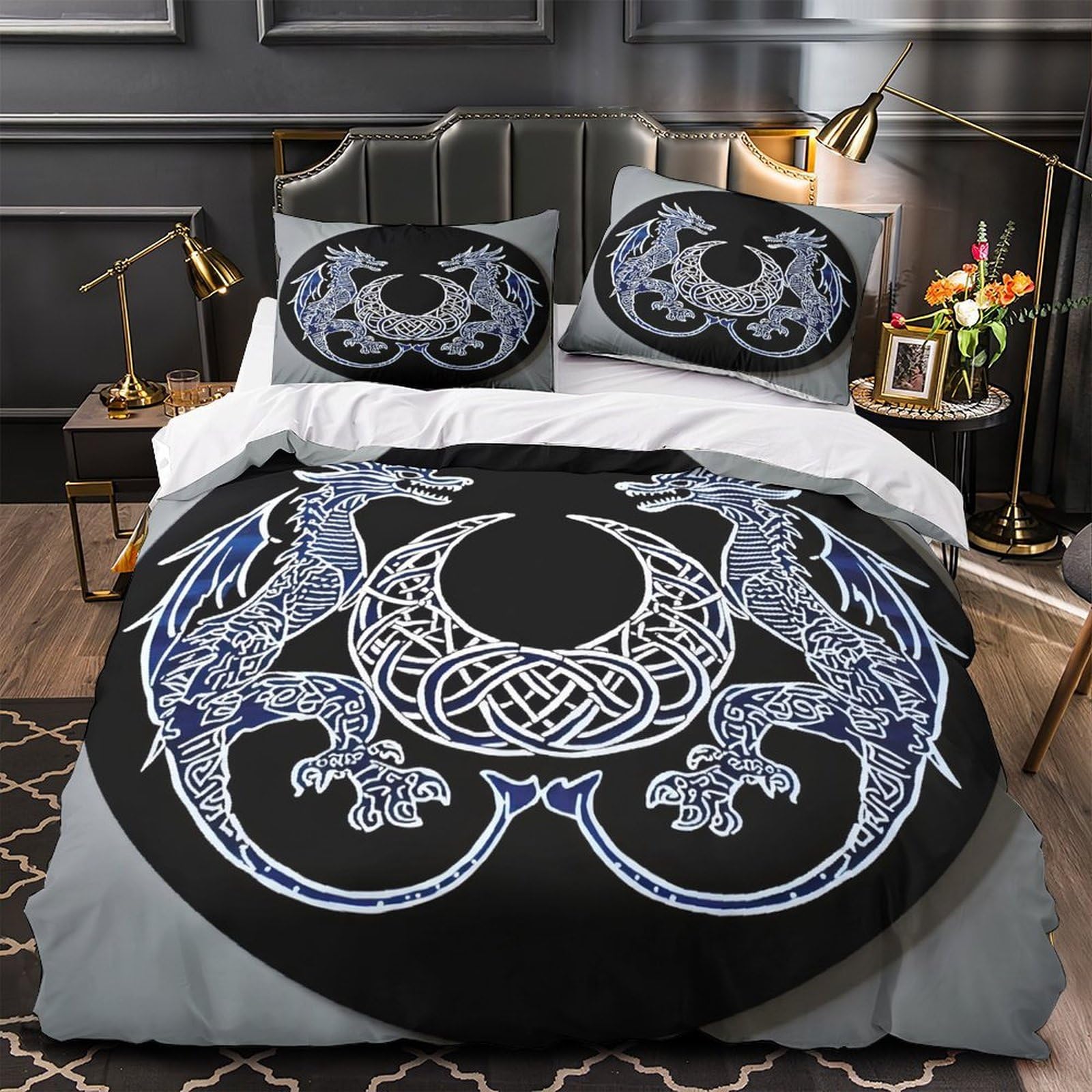 Parure de lit dragon celtique 140x200 microfibre avec housse de couette