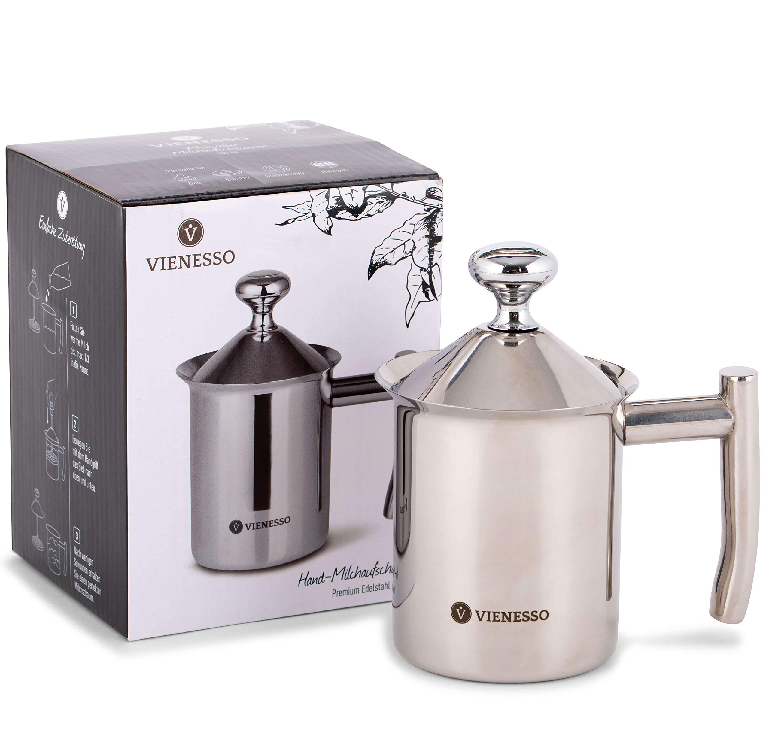 VIENESSOHand Milk Frother - Stainless Steel with Double Mesh Strainer, Creamy Milk Foam for Coffee Specialities, Includes Barista E-Book (400 ml)