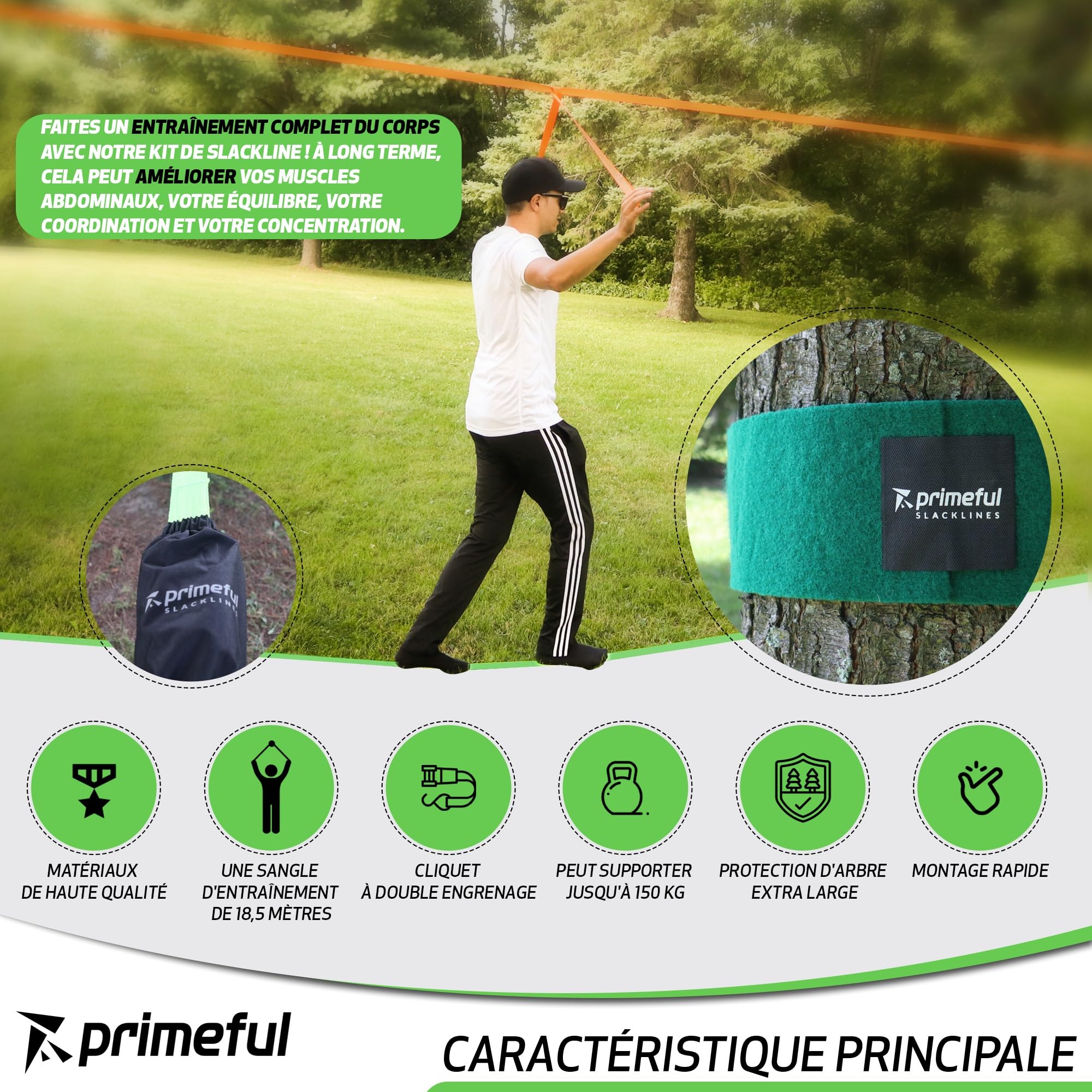 Slackline - Kit Complet pour Adultes Débutants et Confirmés - Slackline 18.5m, Ligne d’Entrainement Sac de Transport, Sangle à Cliquet et Protection Arbre Facile à Installer dans Le Jardin