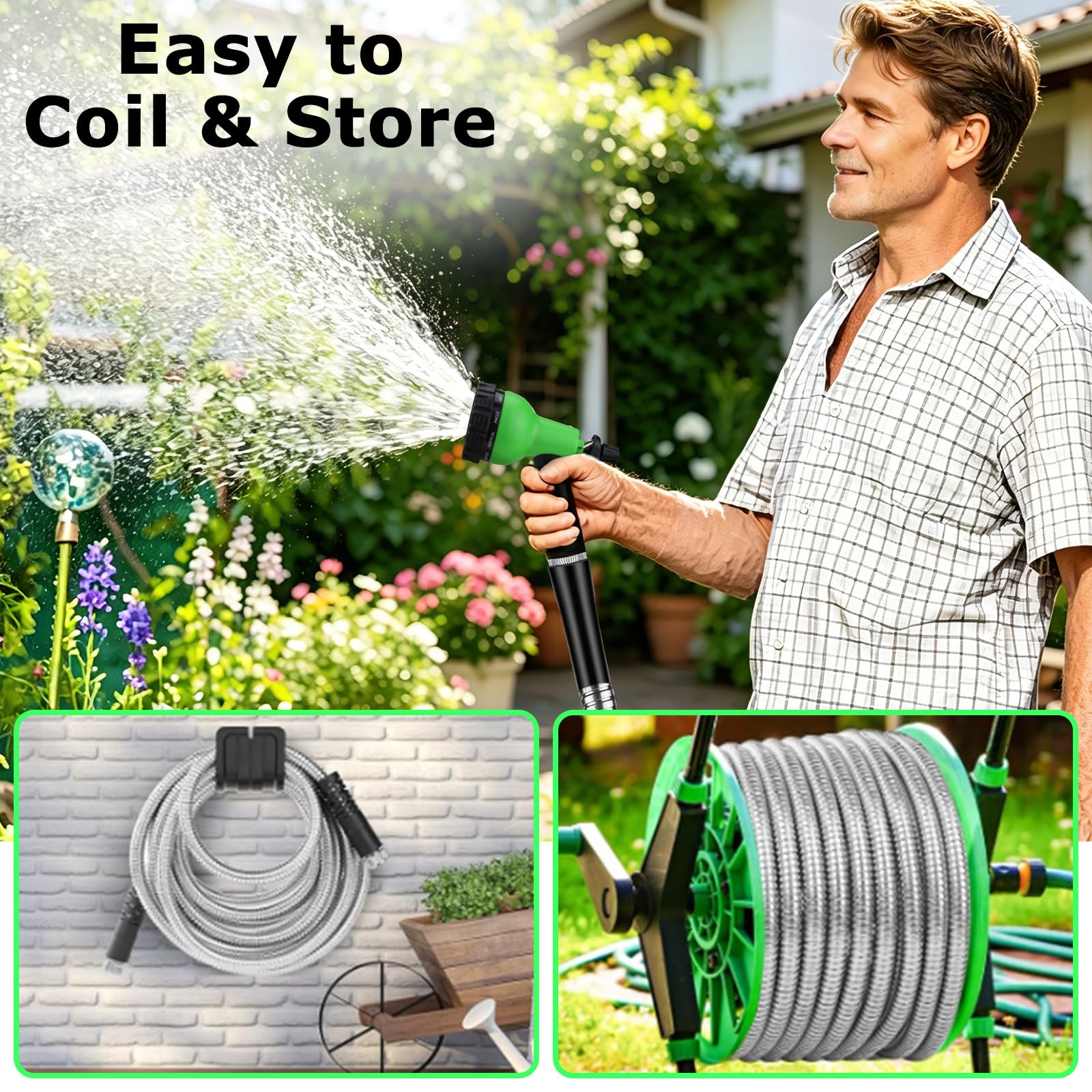 Metallschlauch, 15 m, Gartenschlauch mit 10 Funktionen, Sprühdüse und verstellbarer Düse, Gartenschlauch, rostfrei, knickfrei und verhedderungsfrei, flexibel für Rasen, Auto, Wohnmobil und