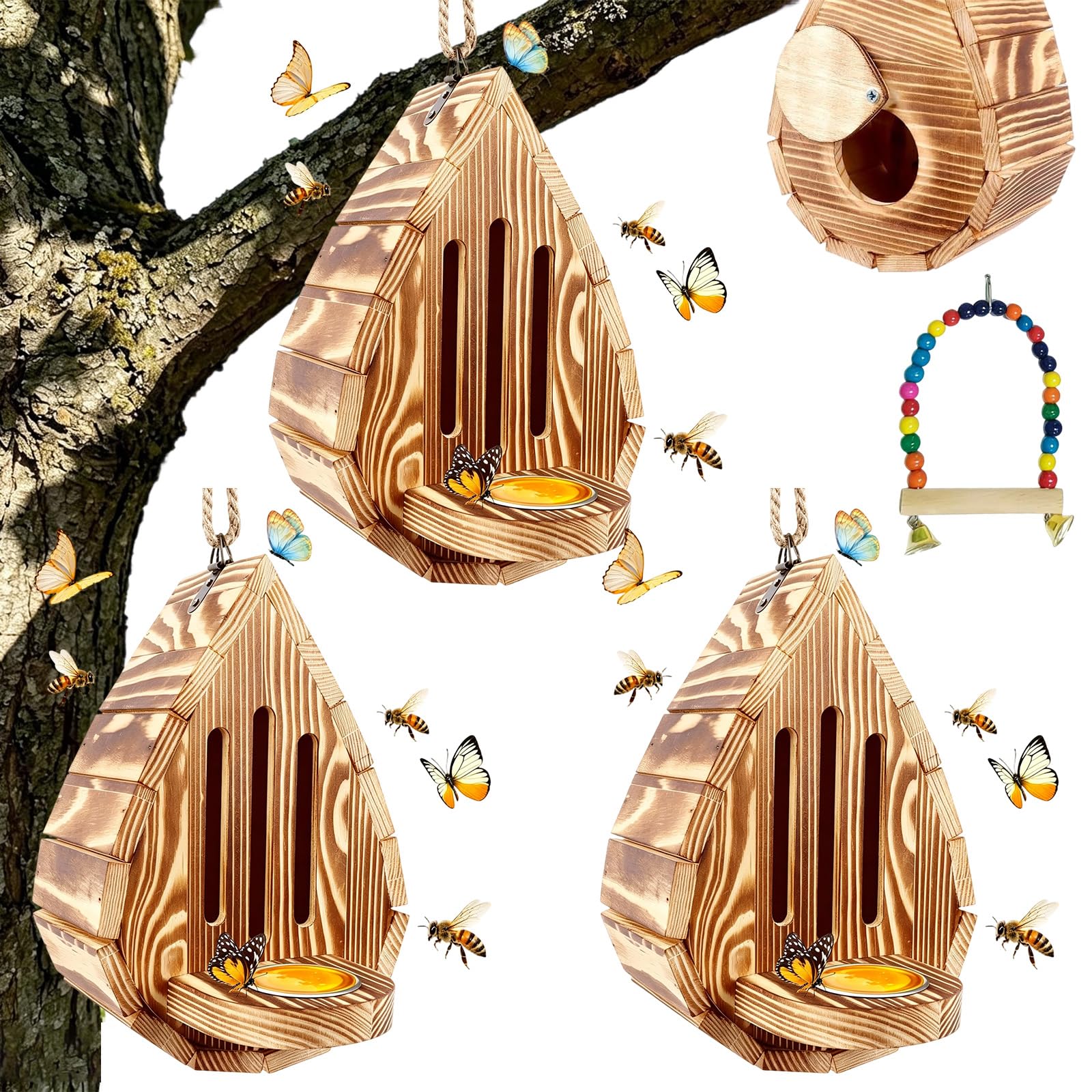 Butterfly House For Garden, Teardrop-Shaped Wooden Butterfly Habitat & Feeder, Hanging Butterfly Habitat & Feeder with Rope, for Garden Decor, Hotel (3PCS)