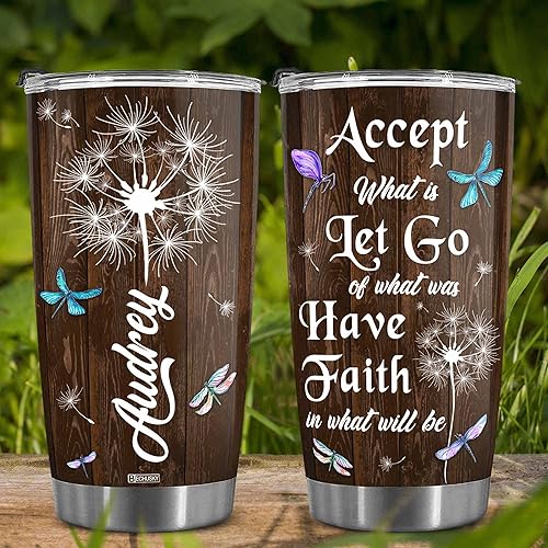 Miniatura 3 de BECHUSKY Vaso personalizado de viaje de diente de león con tapa, 20 onzas, Acepta lo que es dejar ir de lo que era de madera Taraxacum flor floral