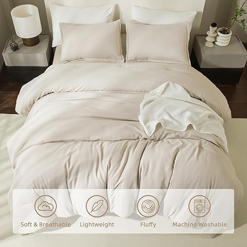 Miniatura 4 de Andency Juego de edredón de 3 piezas de color caqui, tamaño matrimonial, juego de edredón de punto gofre para todas las estaciones, juego de edredón