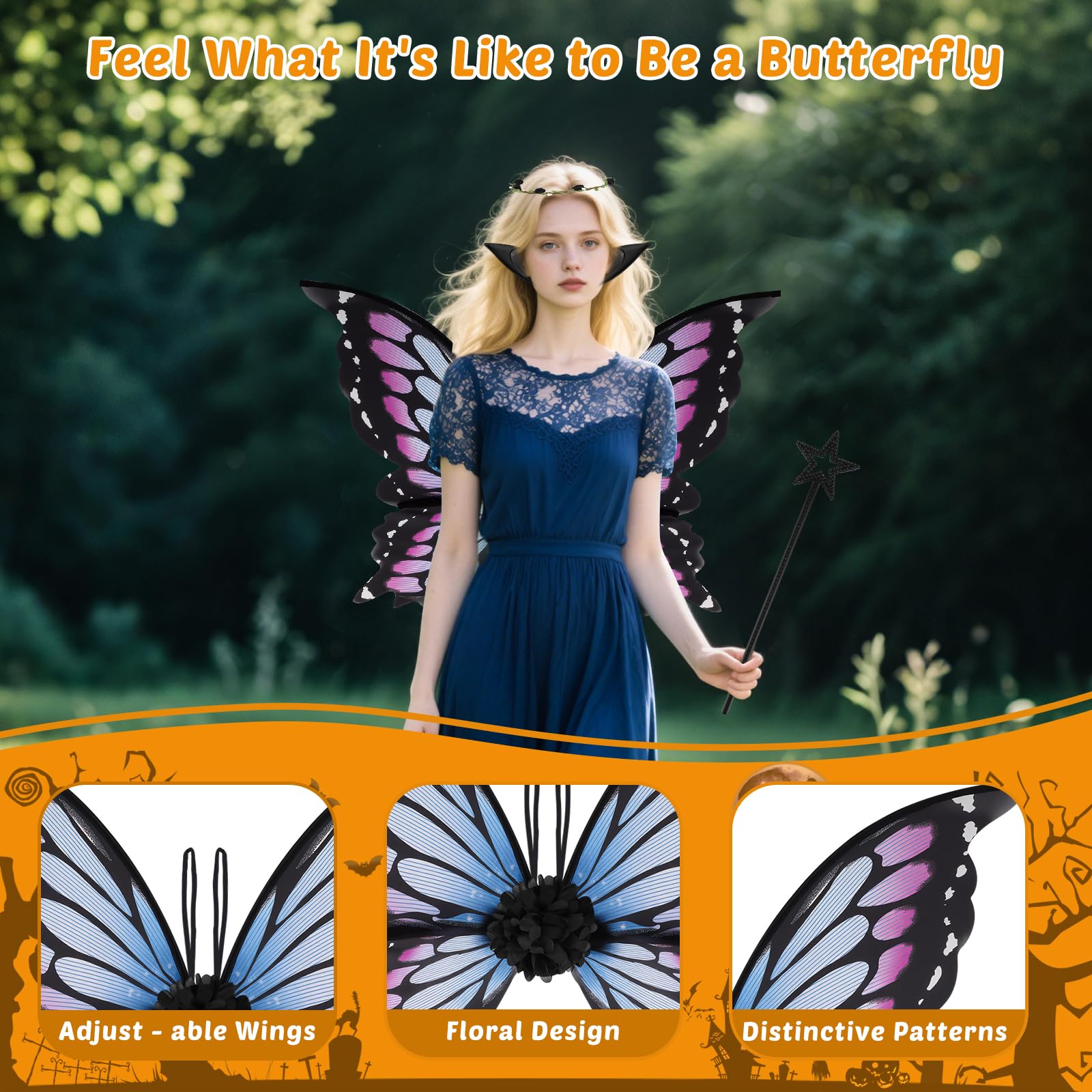 Fairy Wings and Wand, Fairy Wings with Flower Garlands, Elf Ears, Magic Wands, Role-Playing Cosplay and Holiday Events - Image 4