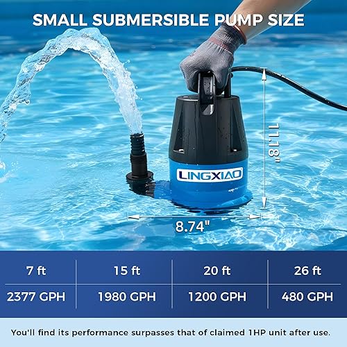 Miniatura 7 de Bomba de sumidero sumergible de 13 HP, bomba de agua automática limpiasucia de 2377 GPH, termoplástica portátil de alto flujo para piscina, jardín,