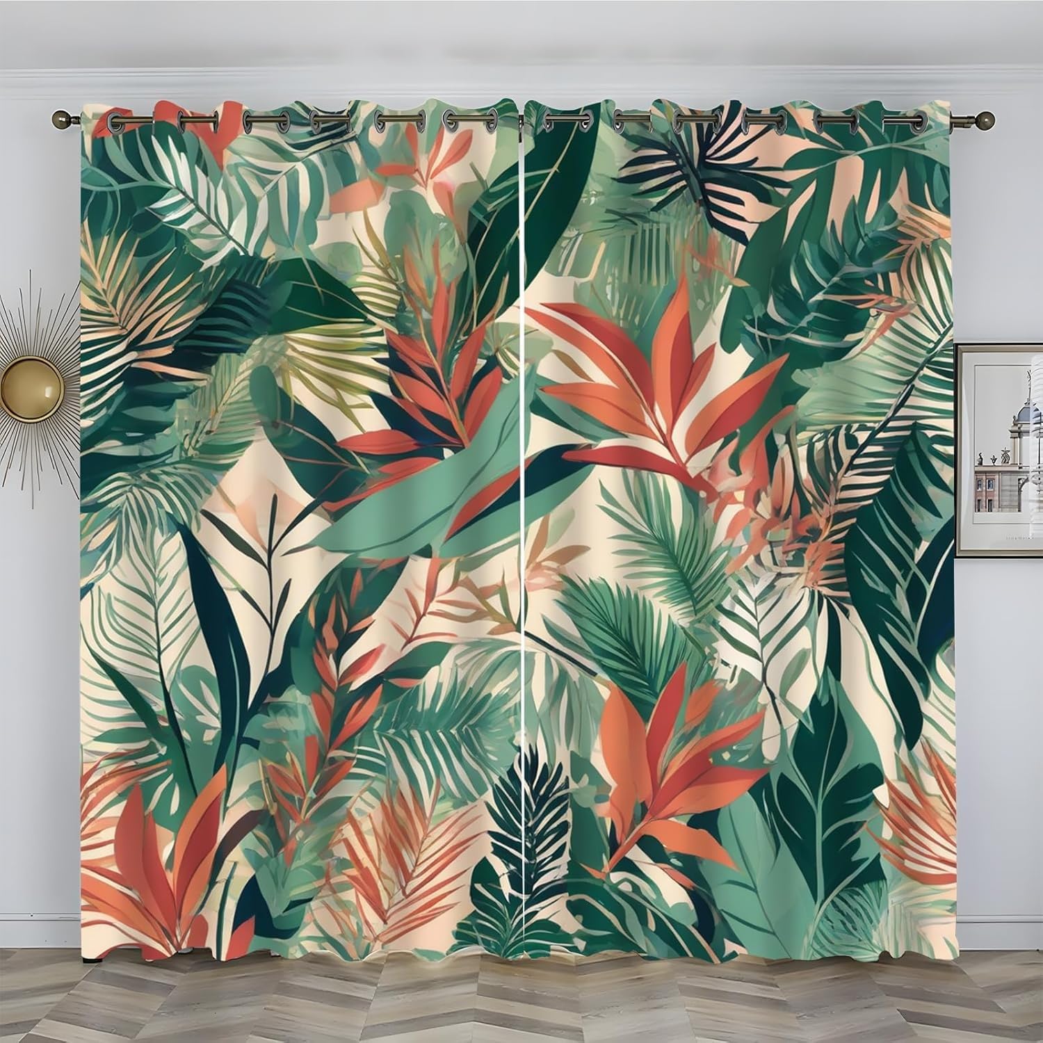 beige Rideau Occultant feuilles vertes tropicales Rideau Thermique Isolant Lot de 2 Pièces (2x140x225cm), 3D Rideau Fenetre pour Chambre Fille Enfant Garcon Rideau Separation de Piece con Oeillets,