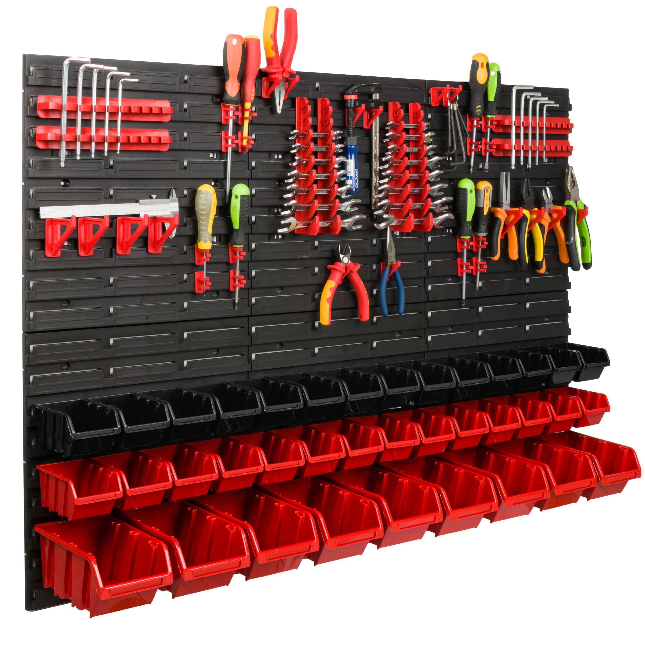 Scaffale da officina, 117 x 78 cm, 37 pezzi, con supporti per attrezzi e scatole impilabili, pannelli da parete, scaffali extra resistenti, per merci, garage, scaffali