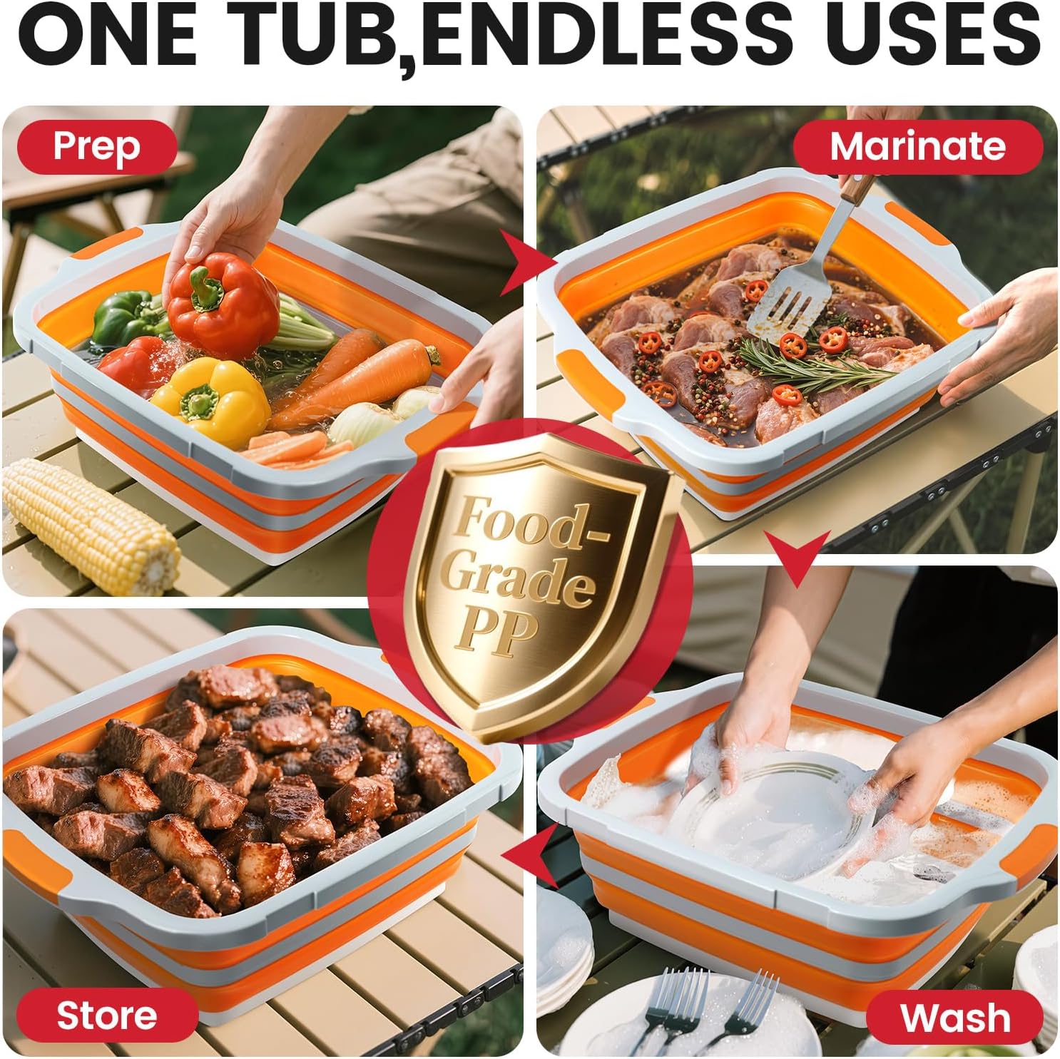 BBQ Prep Tub 3-IN-1 Large 16L Collapsible Cutting Board with Locking Lid for Meal Prep Marinating Food, Camping Sink with Colander, Dish Basin, Storage Blanket for Camping Picnic BBQ, Orange