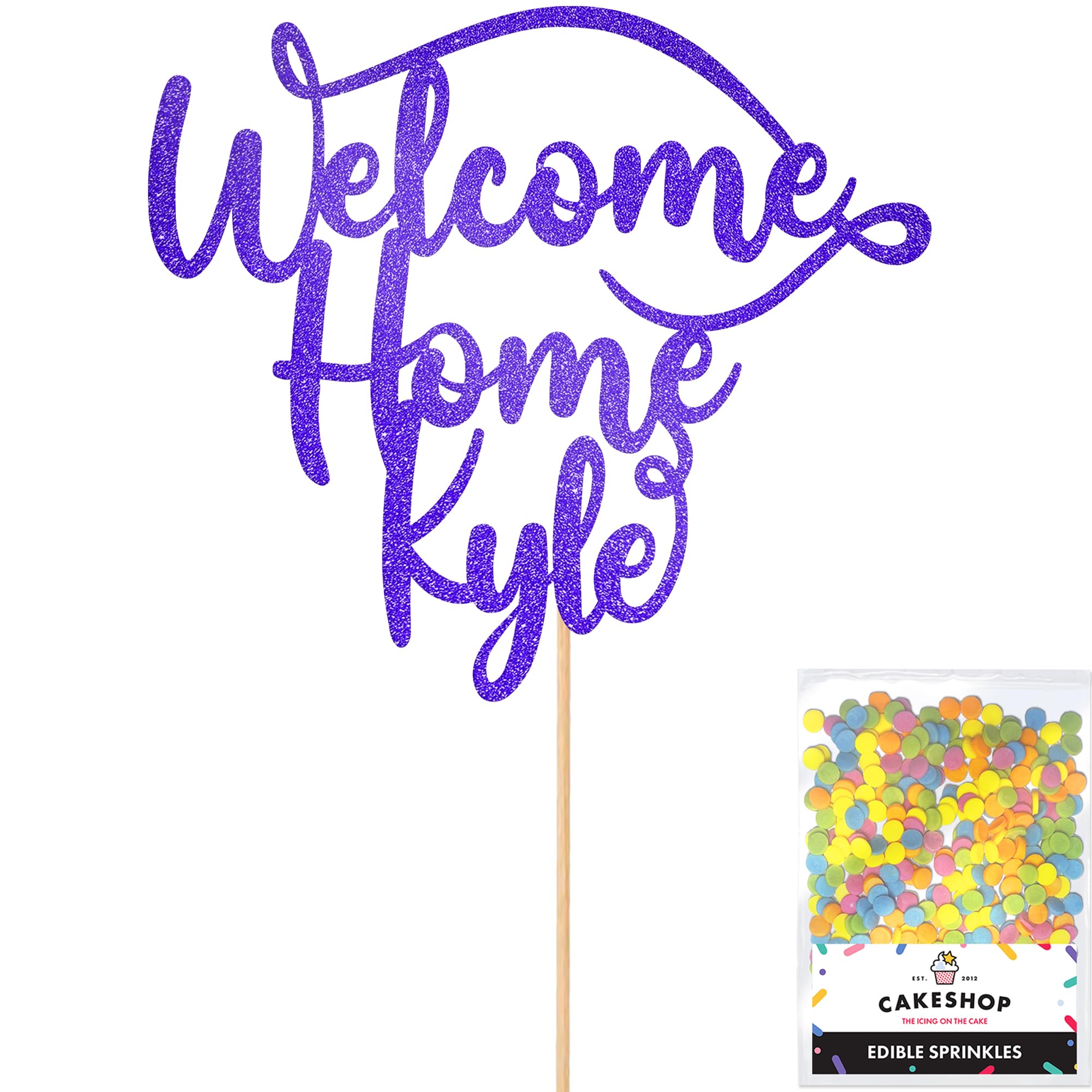 Cakeshop Personalised Welcome Home Glitter Cake Topper With Sprinkles - Bright Blue Custom Colour - Any Name - Double-Sided Glitter Card Cake Decoration - Custom Toppers for Cakes