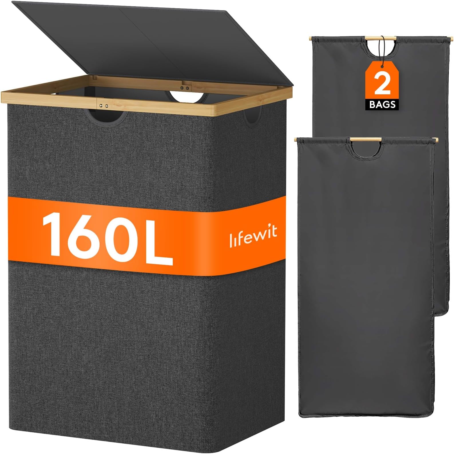 Extra Large 150L Double Laundry Hamper with Lid, Black, 2 Section Laundry Bin Organizer, Bamboo Laundry Basket with 2 Removable Liners and Bags, Flip Top Lid, Separate Compartments