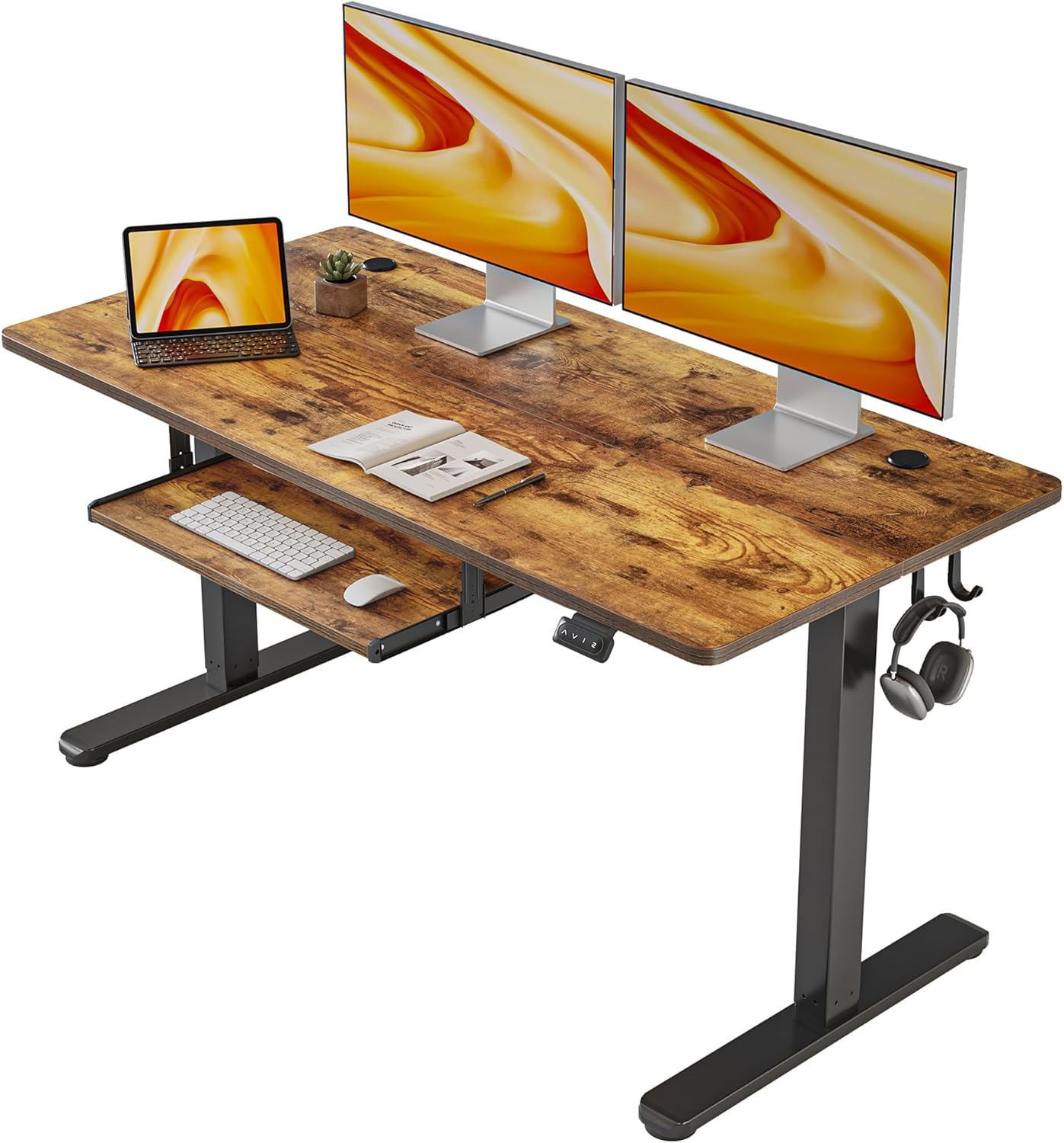 FEZIBO Height Adjustable Electric Standing Desk with Keyboard Tray, 140 x 60 cm Sit Stand up Desk with Splice Board, Black Frame/Rustic Brown Top