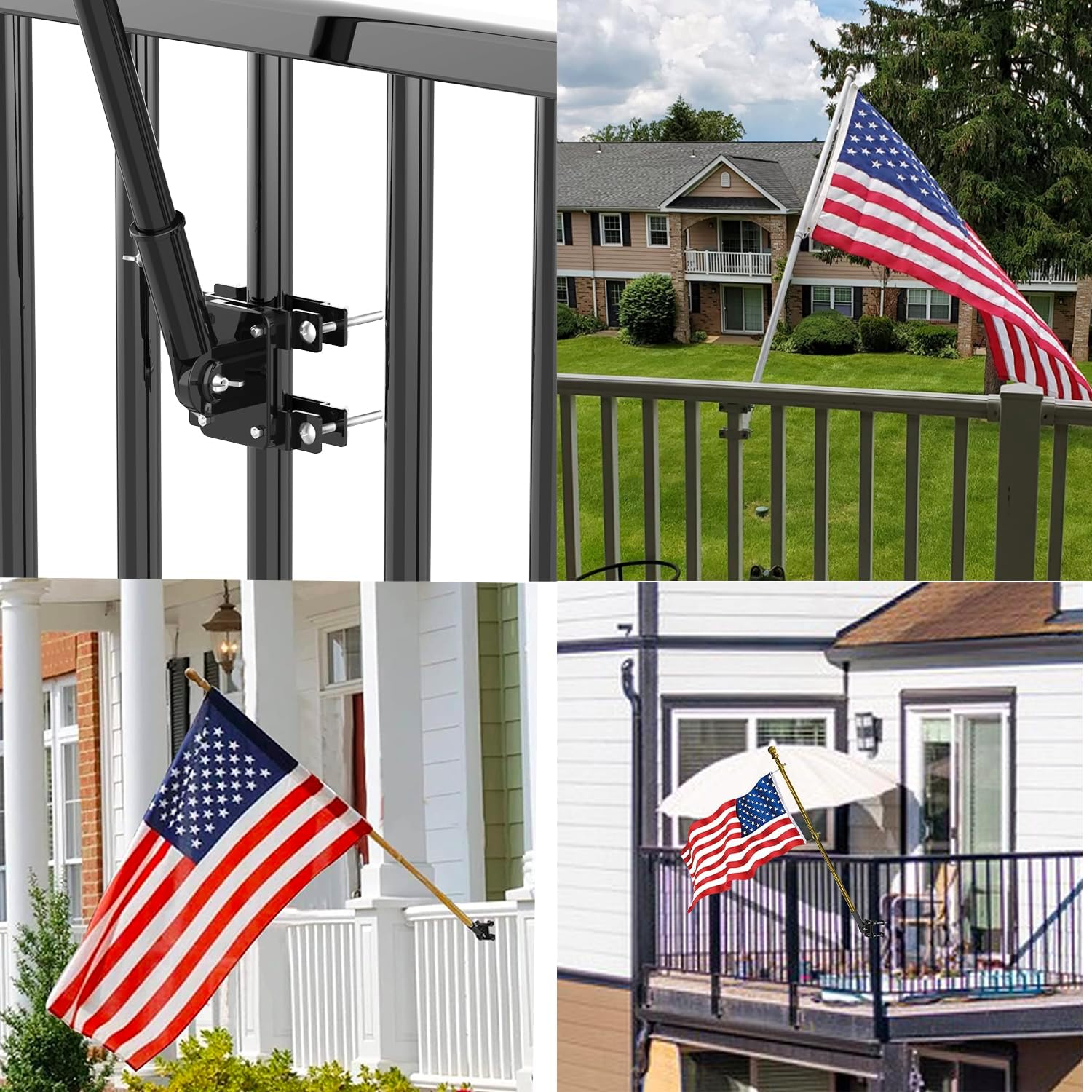 NO Drilling Flagpole Mount Fit for Balcony Railing - Flag Pole Holder Perfect for Porch & Fence - fit Round and Square Railing with Anti-Skid Silicone Patches - for 1 inch or thinner flagpole (Black)